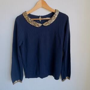 Navy Boden Sweater Gold Sequin Peter Pan Collar Cuff Wool Keyhole Prep Jumper 10